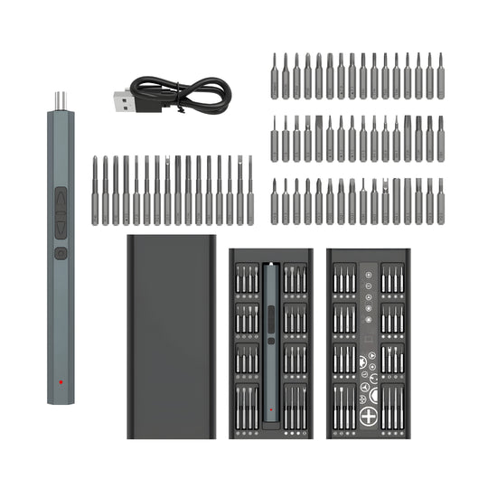 Cordless electric precision screwdriver set with 66 pieces, magnetic case, USB charging, and high-hardness bits – ideal for electronics and home repairs.