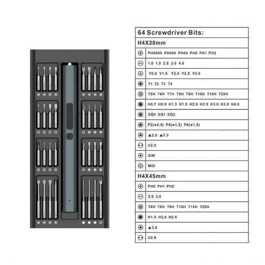 Cordless electric precision screwdriver set with 66 pieces, magnetic case, USB charging, and high-hardness bits – ideal for electronics and home repairs.