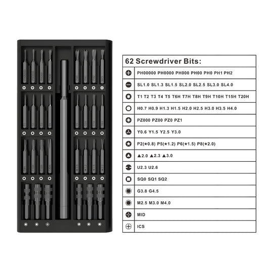 63-in-1 magnetic screwdriver repair set with aluminum handle and precision CRV bits in compact storage case – ideal for electronics and DIY repair.
