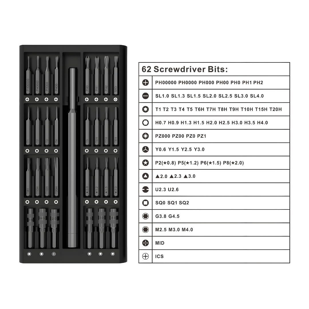 63-in-1 magnetic screwdriver repair set with aluminum handle and precision CRV bits in compact storage case – ideal for electronics and DIY repair.