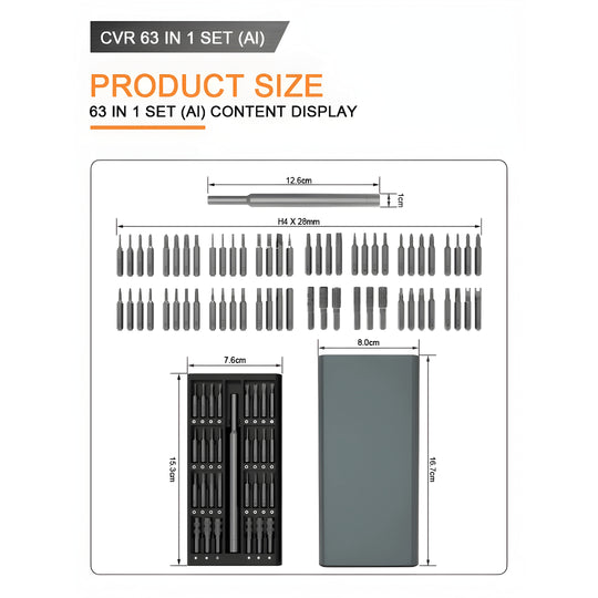 63-in-1 magnetic screwdriver repair set with aluminum handle and precision CRV bits in compact storage case – ideal for electronics and DIY repair.