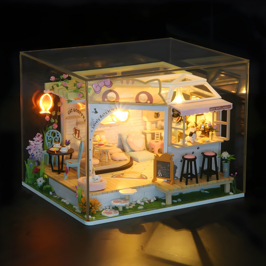 DIY Miniature Cat Café Garden with LED lights, music, and plexiglass dust cover – perfect for miniature collectors & DIY lovers in Beirut Lebanon.