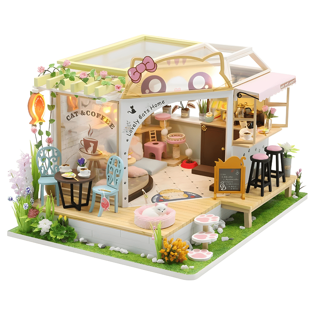 DIY Miniature Cat Café Garden with LED lights, music, and plexiglass dust cover – perfect for miniature collectors & DIY lovers in Beirut Lebanon.