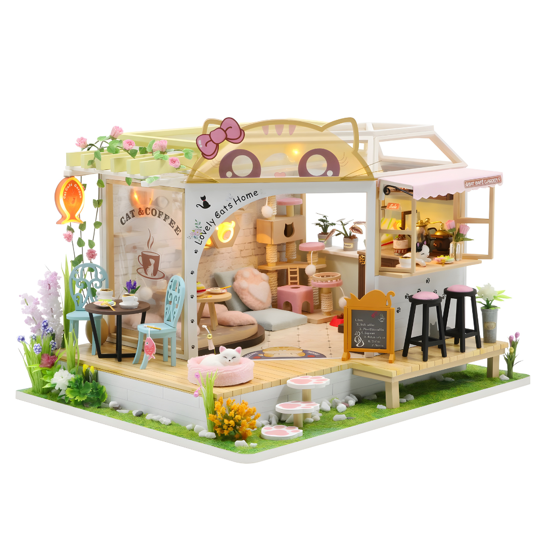 DIY Miniature Cat Café Garden with LED lights, music, and plexiglass dust cover – perfect for miniature collectors & DIY lovers in Beirut Lebanon.