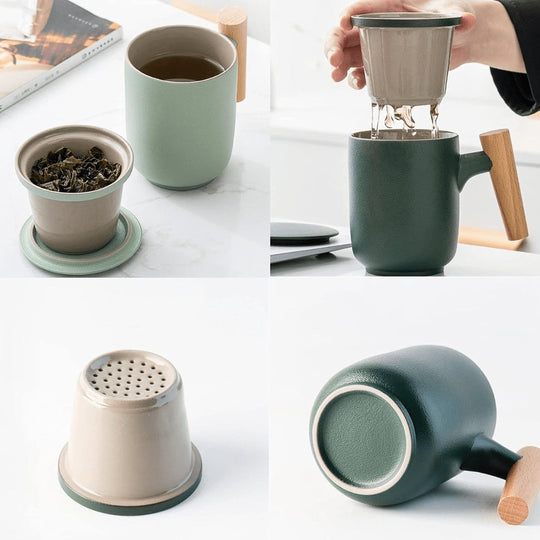 Ceramic tea mug with infuser and wooden handle – available in Beirut Lebanon
