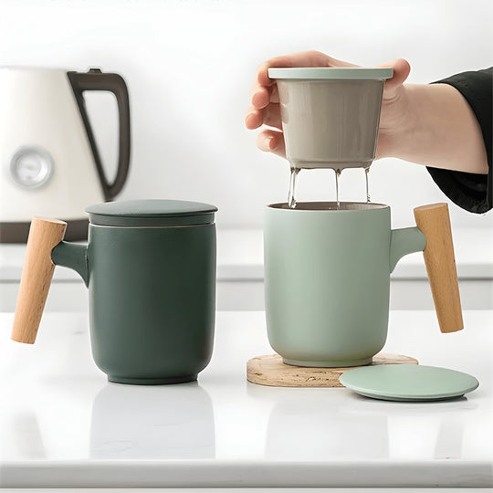 Ceramic tea mug with infuser and wooden handle – available in Beirut Lebanon
