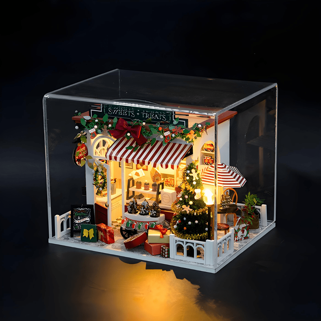 DIY Miniature Sweets & Treats Christmas House Kit with LED Lights and Dust Cover