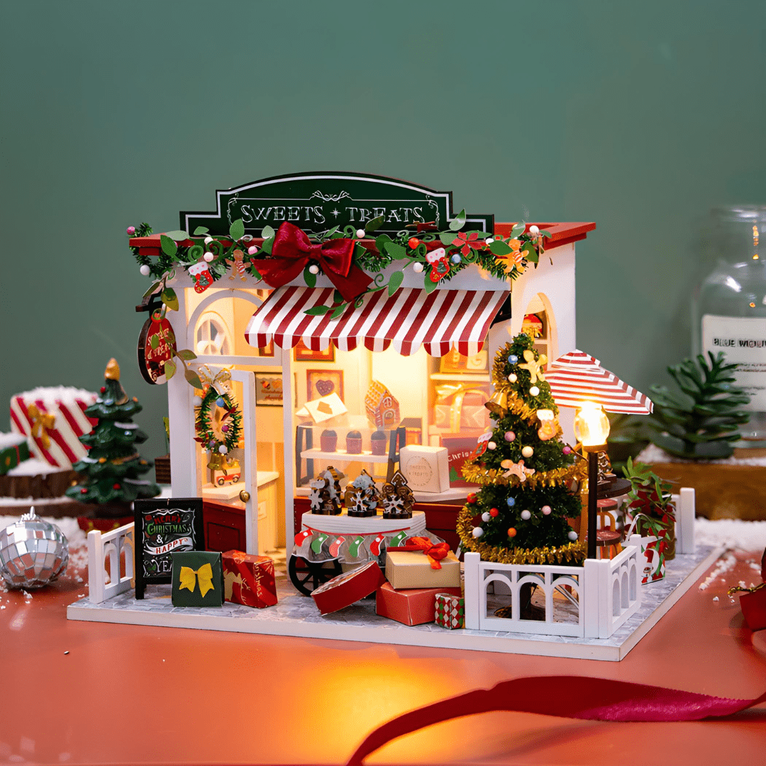 DIY Miniature Sweets & Treats Christmas House Kit with LED Lights and Dust Cover