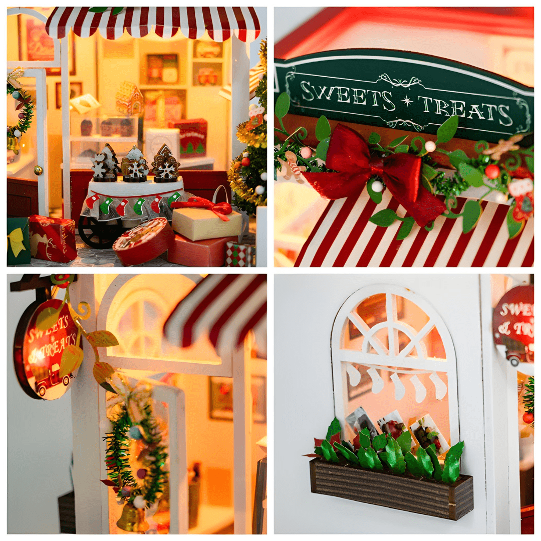 DIY Miniature Sweets & Treats Christmas House Kit with LED Lights and Dust Cover