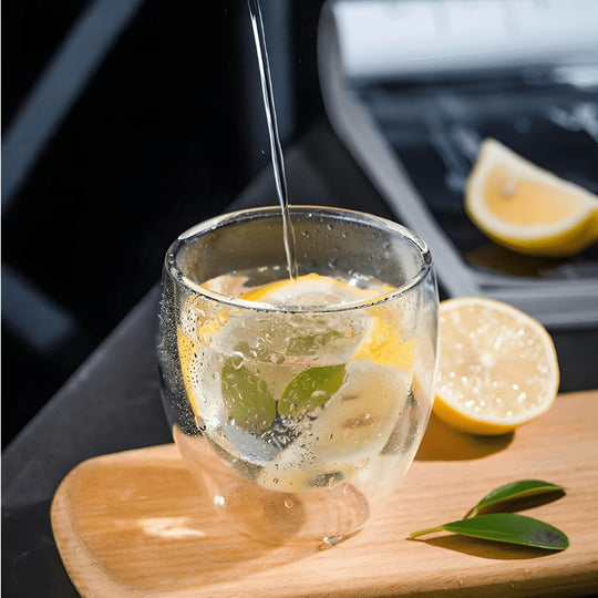 350ml double wall glass cup side view with dimensions