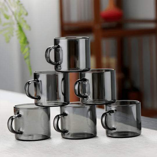 Smoky glass espresso cup set with wooden stand – 6 pieces, 90ml capacity