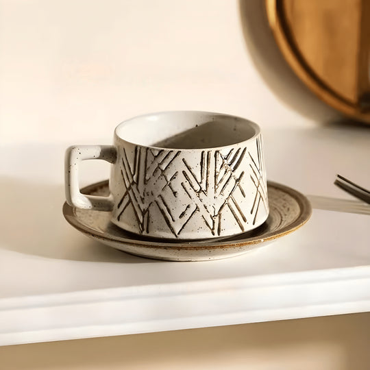 Retro Stoneware Coffee Cup & Saucer – Geometric Carve Pattern 250ml