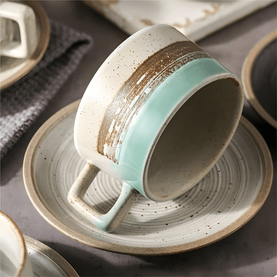 Close-Up Retro Stoneware Coffee Cup & Saucer – Turquoise & Earth Brown Design
