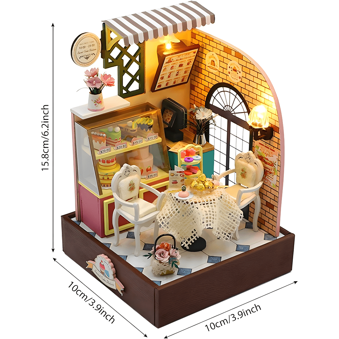 Dust-covered Sweet Cake Station miniature scene with cakes and décor
