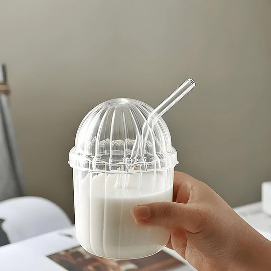 450ml ribbed glass mug with straw and lid – stylish tumbler for iced coffee, milk, juice, tea, smoothies, and beer.