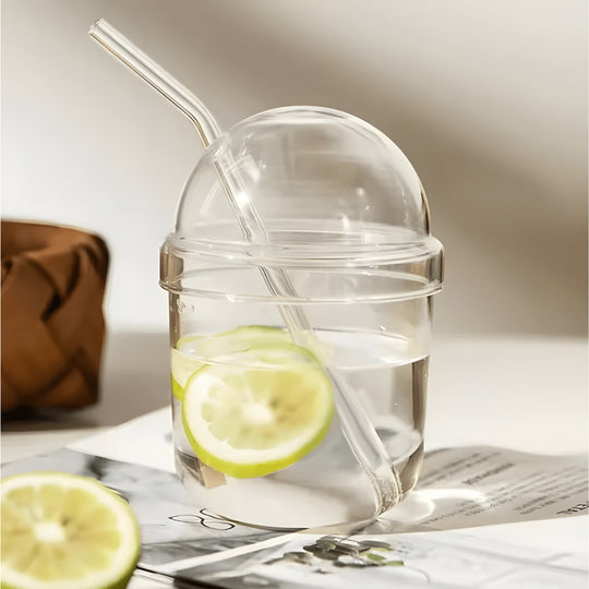 Premium borosilicate glass tumbler with straw and dome lid – reusable cup for juice, smoothies, cocktails, yogurt, milk, tea, and iced coffee.