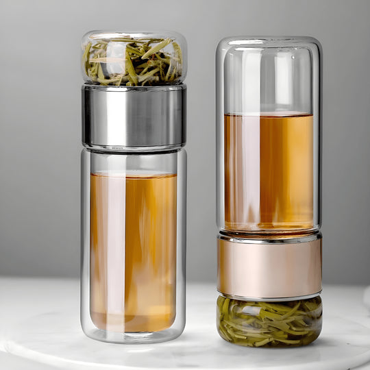 Double Wall Glass Tea Bottle 420ml with tea and water separation, leak-proof design, stainless steel filter, perfect for hot and cold drinks