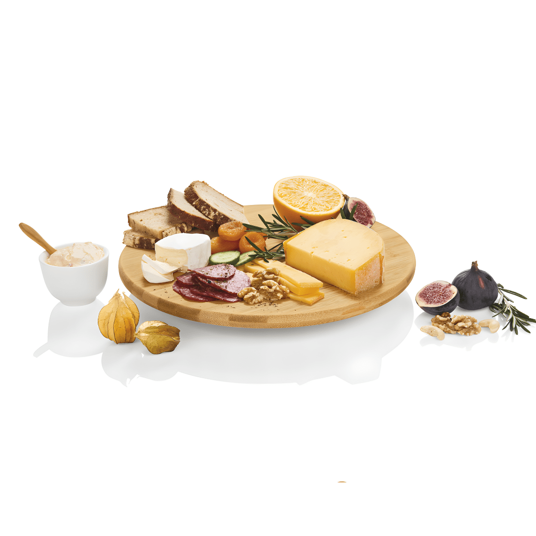 Rotatable bamboo serving board with cheese and snacks – Beirut market