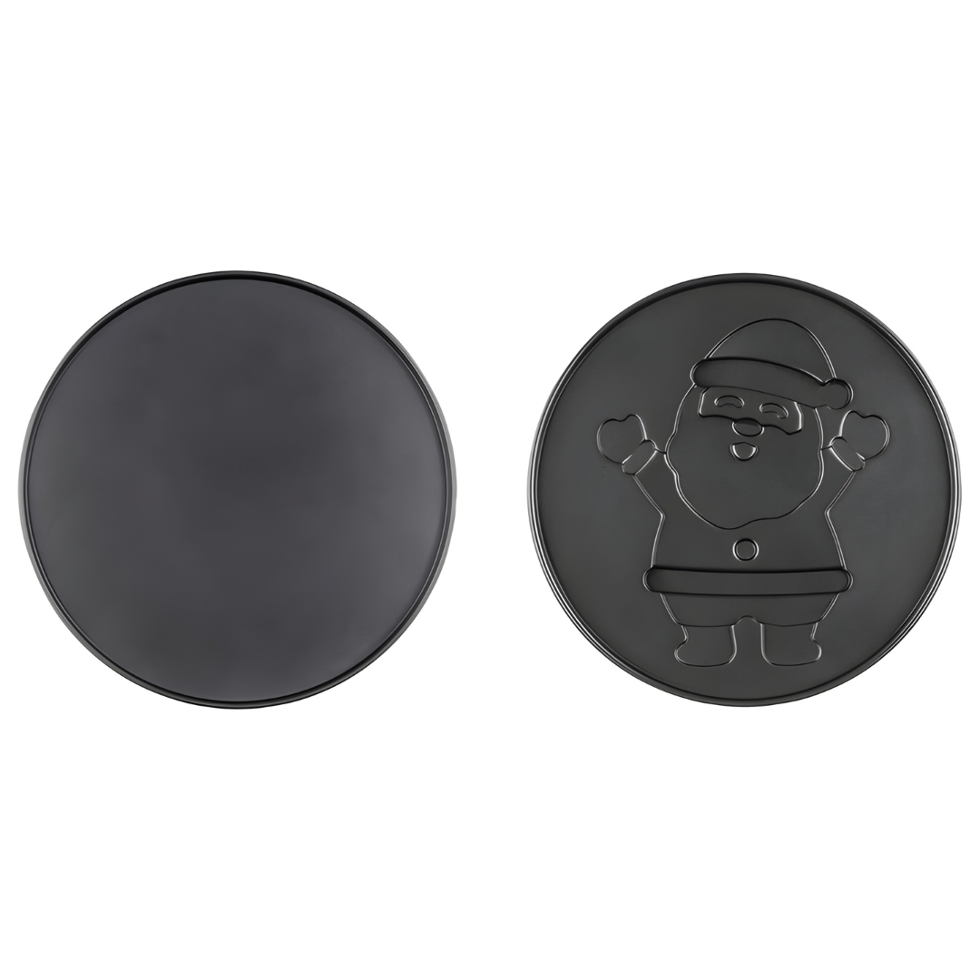 Interchangeable bases – plain and Santa Claus design for festive baking.