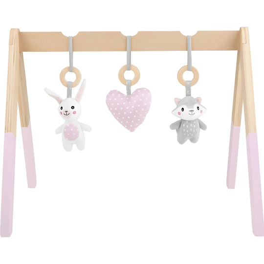 PLAYTIVE wooden baby play gym with plush hanging toys, sound effects, and real wood frame – safe developmental toy for infants in Lebanon.