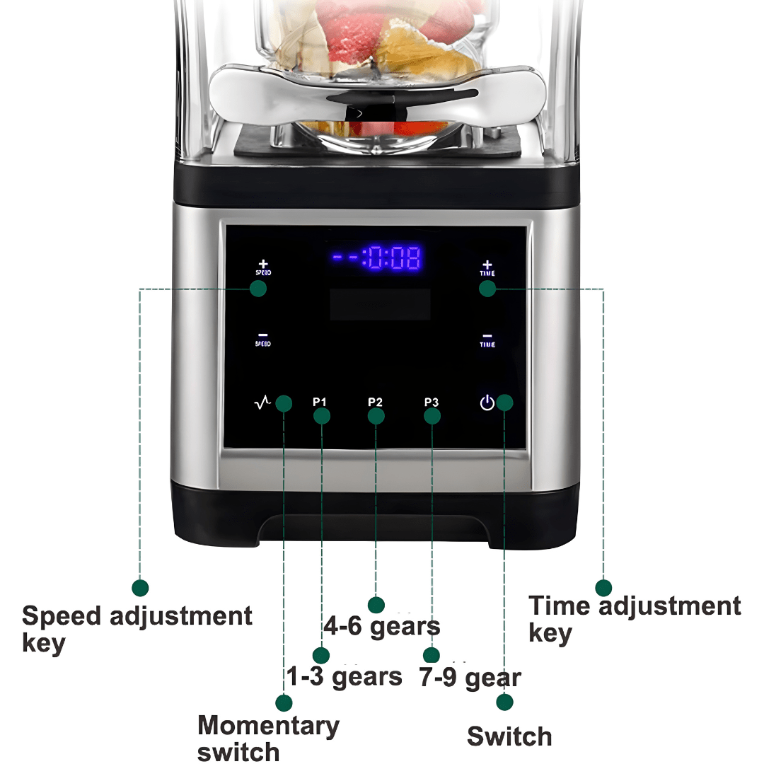 2000W heavy-duty quiet blender with sound cover and touch control panel – 1.8L stainless steel blades, low-noise professional mixer, ideal for homes and cafés in Beirut Lebanon.