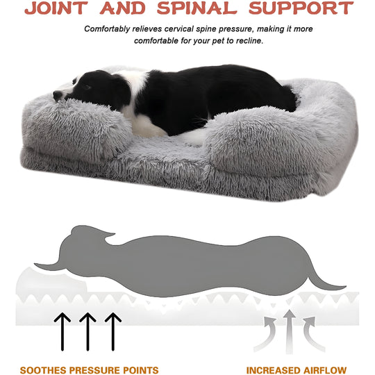 Fluffy orthopedic dog bed 110×65×20 cm with ultra-soft fabric, egg-crate foam support, non-slip base — calming and washable for medium & large dogs up to 40 kg. Ideal for Beirut Lebanon.