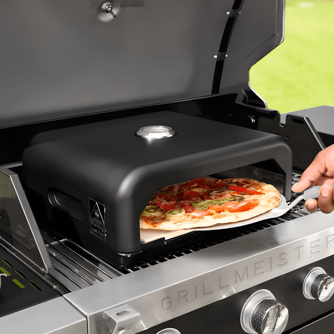 Grill Meister barbecue pizza oven with stone and thermometer for gas or charcoal grills