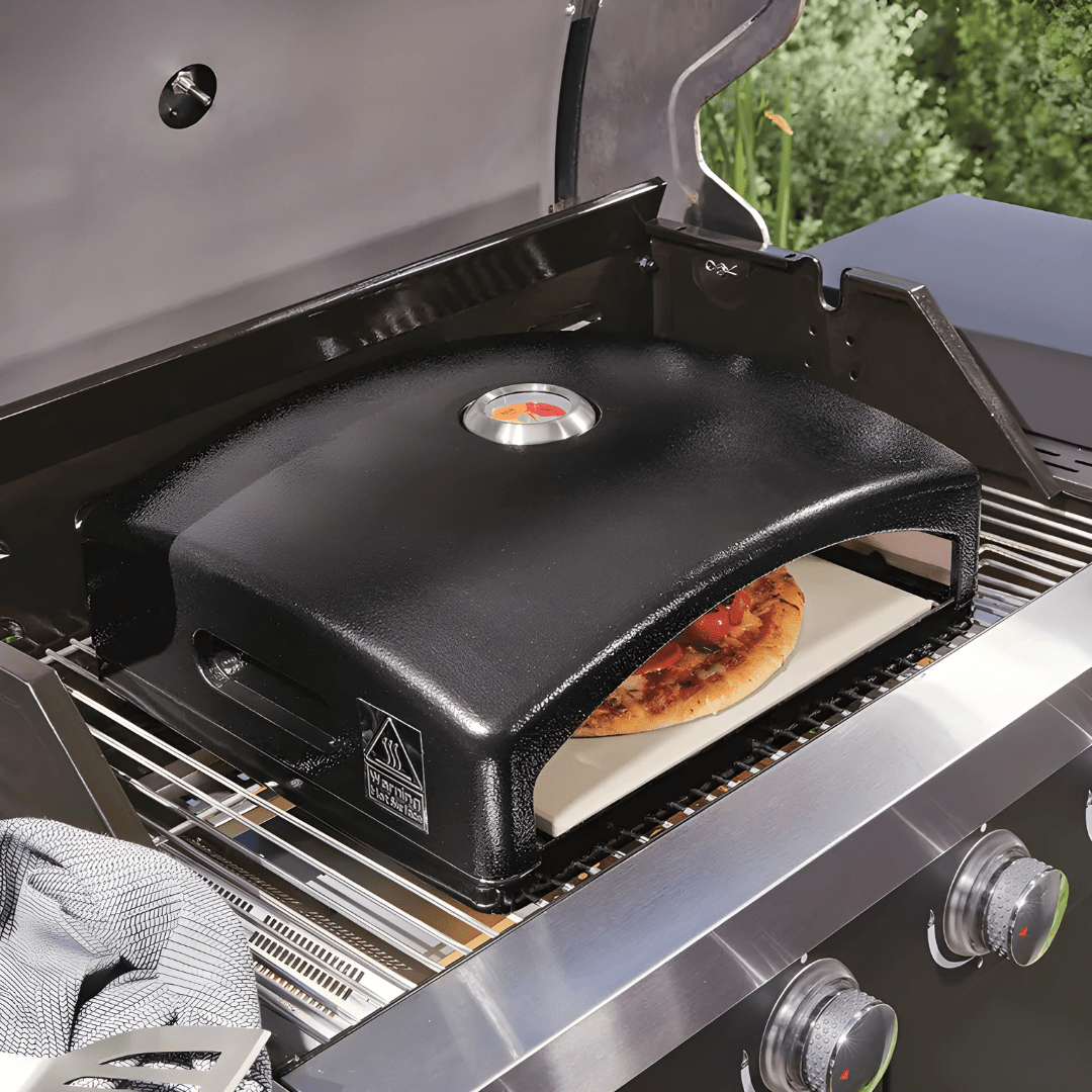 Grill Meister barbecue pizza oven with stone and thermometer for gas or charcoal grills