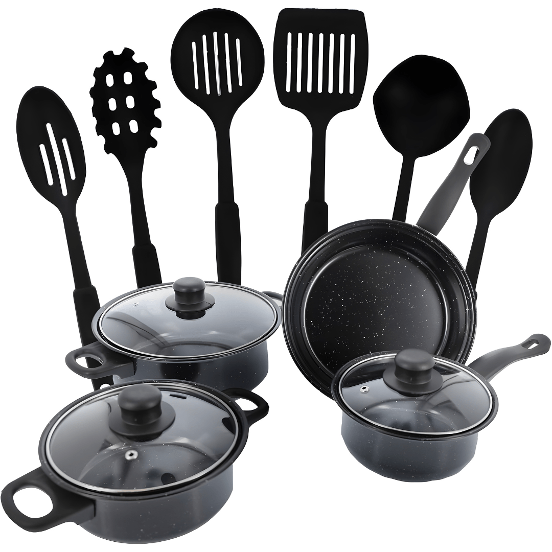 German Line 13-piece non-stick cookware set with glass lids and kitchen utensils – elegant pots and pans for everyday cooking in Beirut Lebanon.
