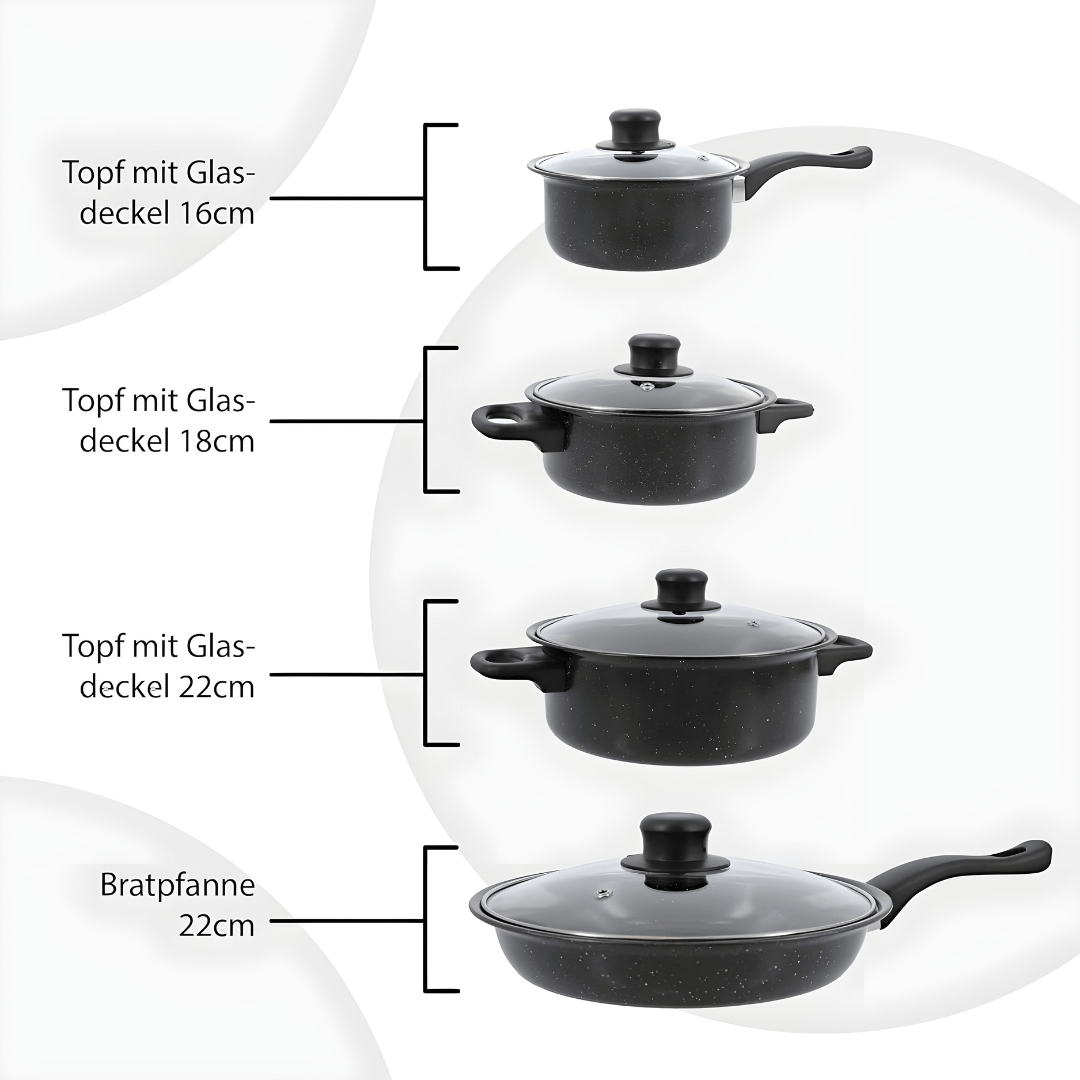 German Line 13-piece non-stick cookware set with glass lids and kitchen utensils – elegant pots and pans for everyday cooking in Beirut Lebanon.
