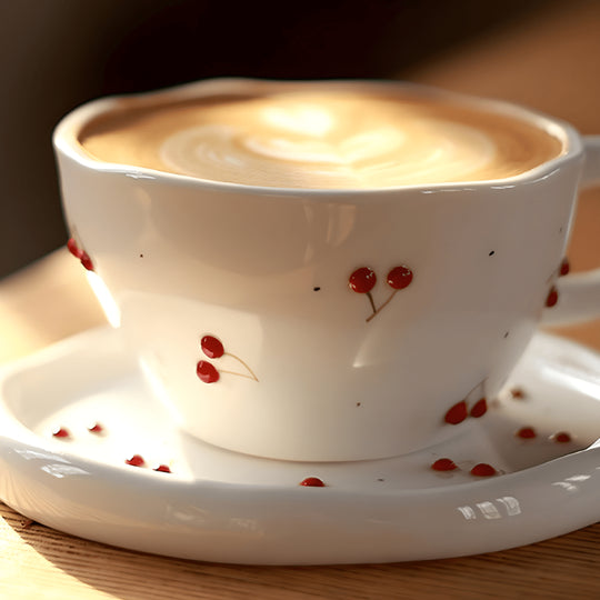 300 ml Hand-Pinched Ceramic Mug and Saucer with Vintage Cherry Embossed Design