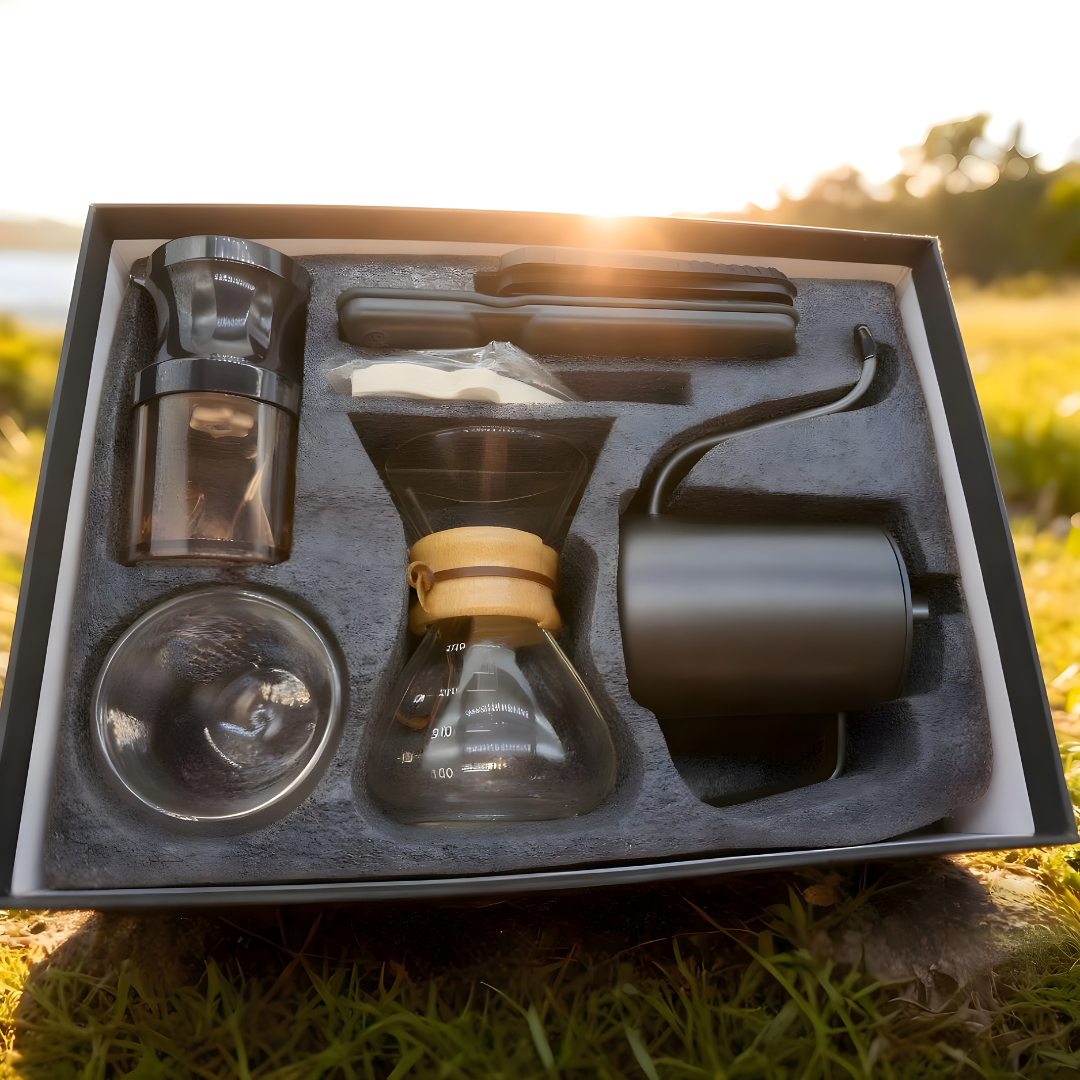 Full V60 coffee brewing kit inside practical box including kettle, grinder, dripper, mug and scale