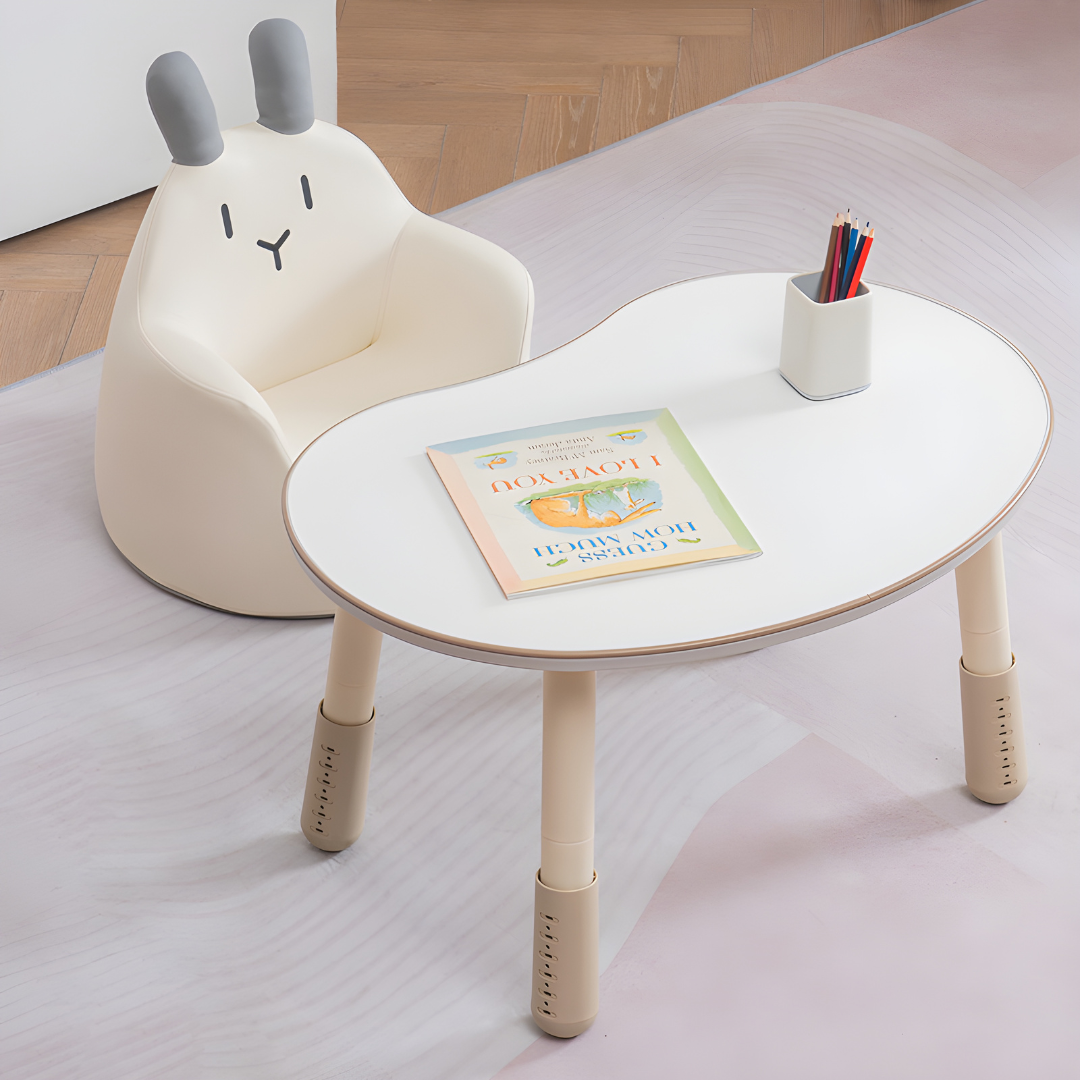 Adjustable kids study desk and chair set made from eco-friendly polywood, peanut-shaped table, safe design, Lebanon