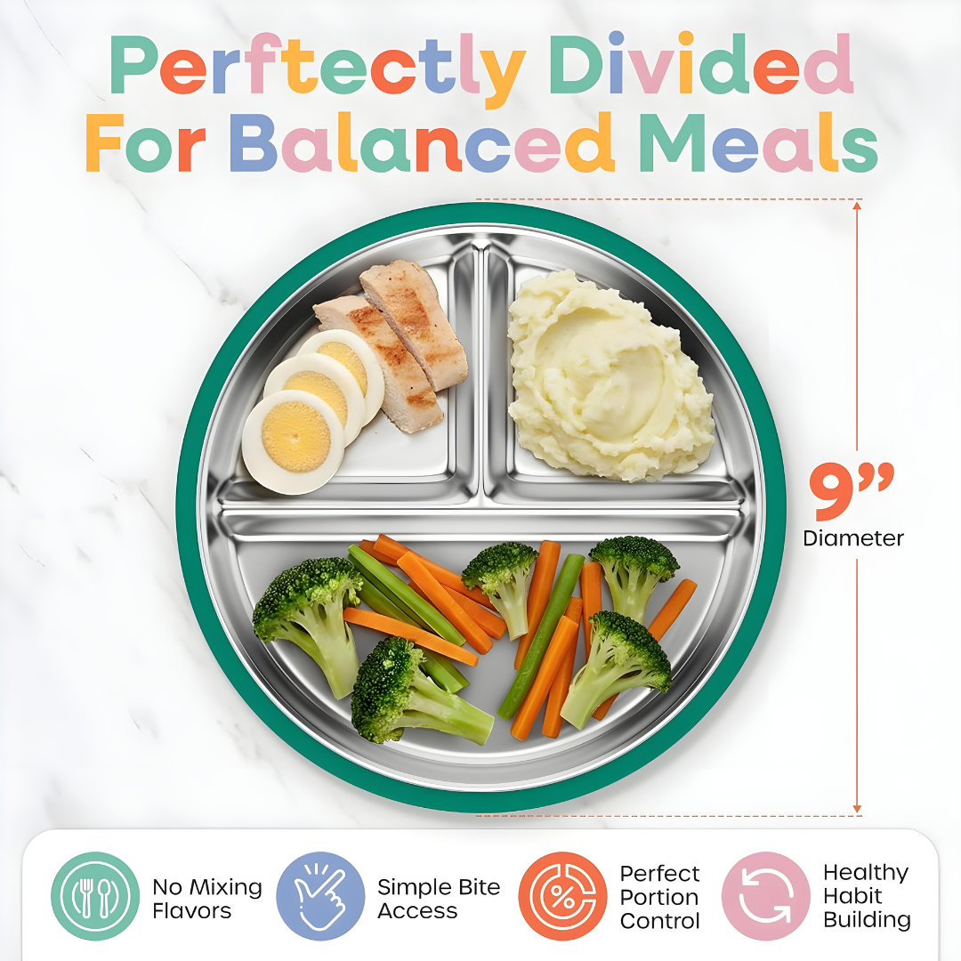 Stainless steel and silicone suction plate for babies with divided sections