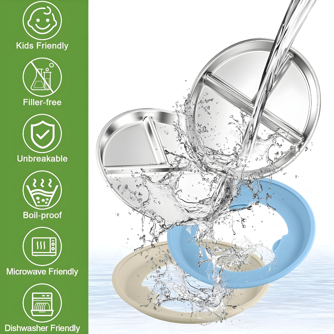 Stainless steel and silicone suction plate for babies with divided sections