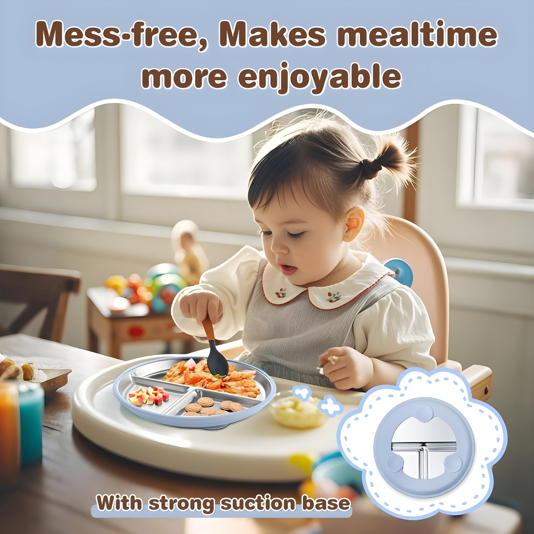Stainless steel and silicone suction plate for babies with divided sections