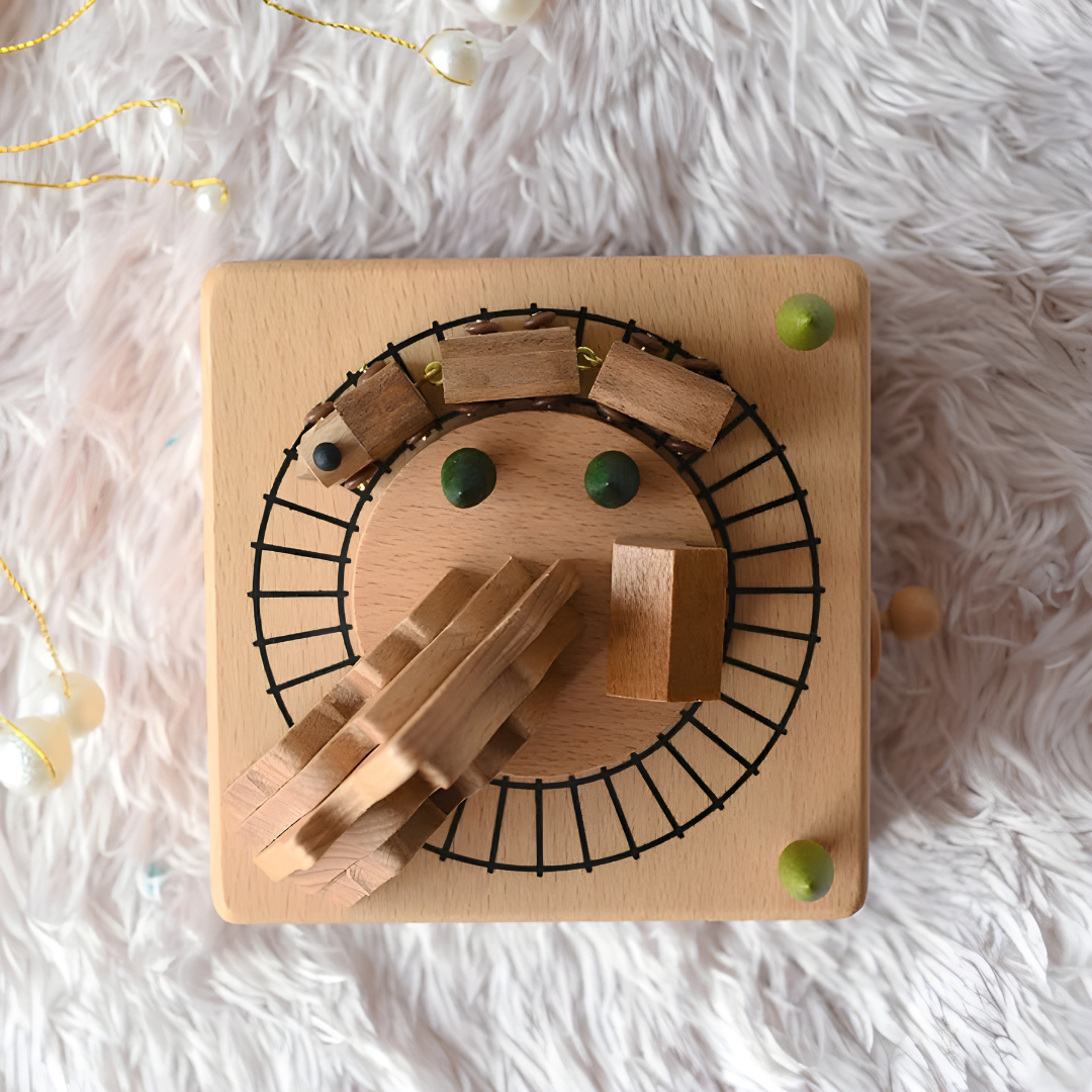 Handmade mountain scene wooden music box with rotating train made from solid beech wood