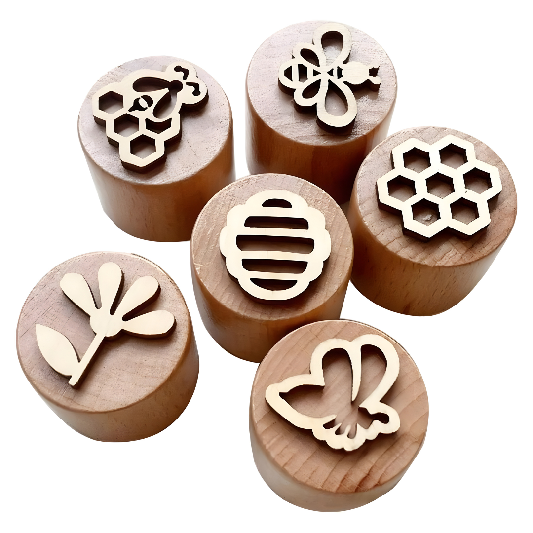 Woodland Nature wooden stamp blocks with bird, leaf, dandelion, flower, mushroom and bee designs
