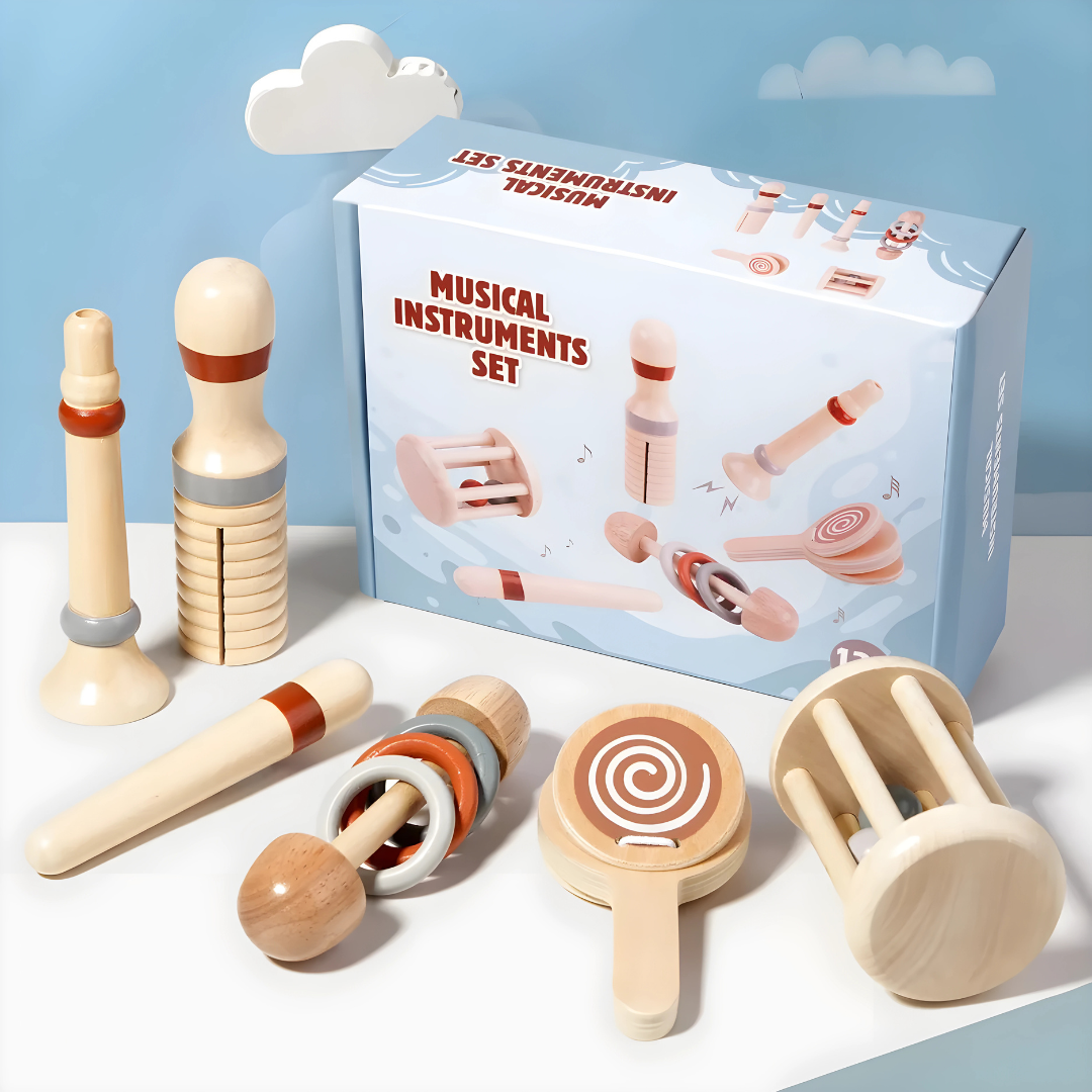 Wooden toy trumpet for toddlers from a 6-piece wooden musical instrument set, ages 12 months+