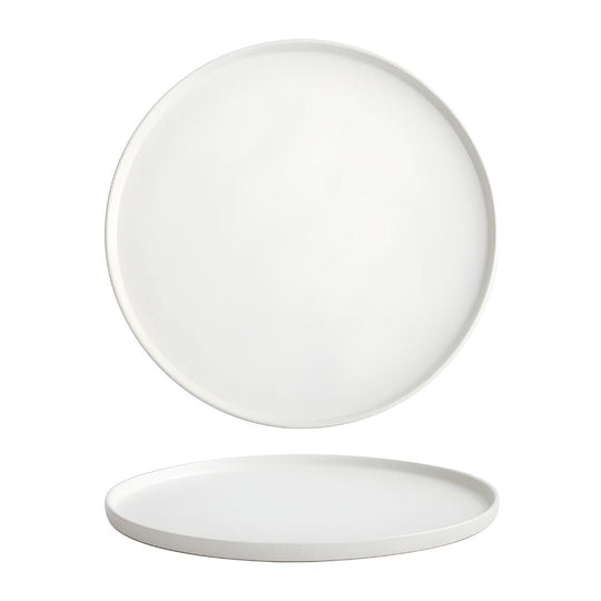 Elegant matte finish dinner plate in white and red-brown, modern minimalist design, available in Lebanon, durable and safe for microwave & dishwasher.
