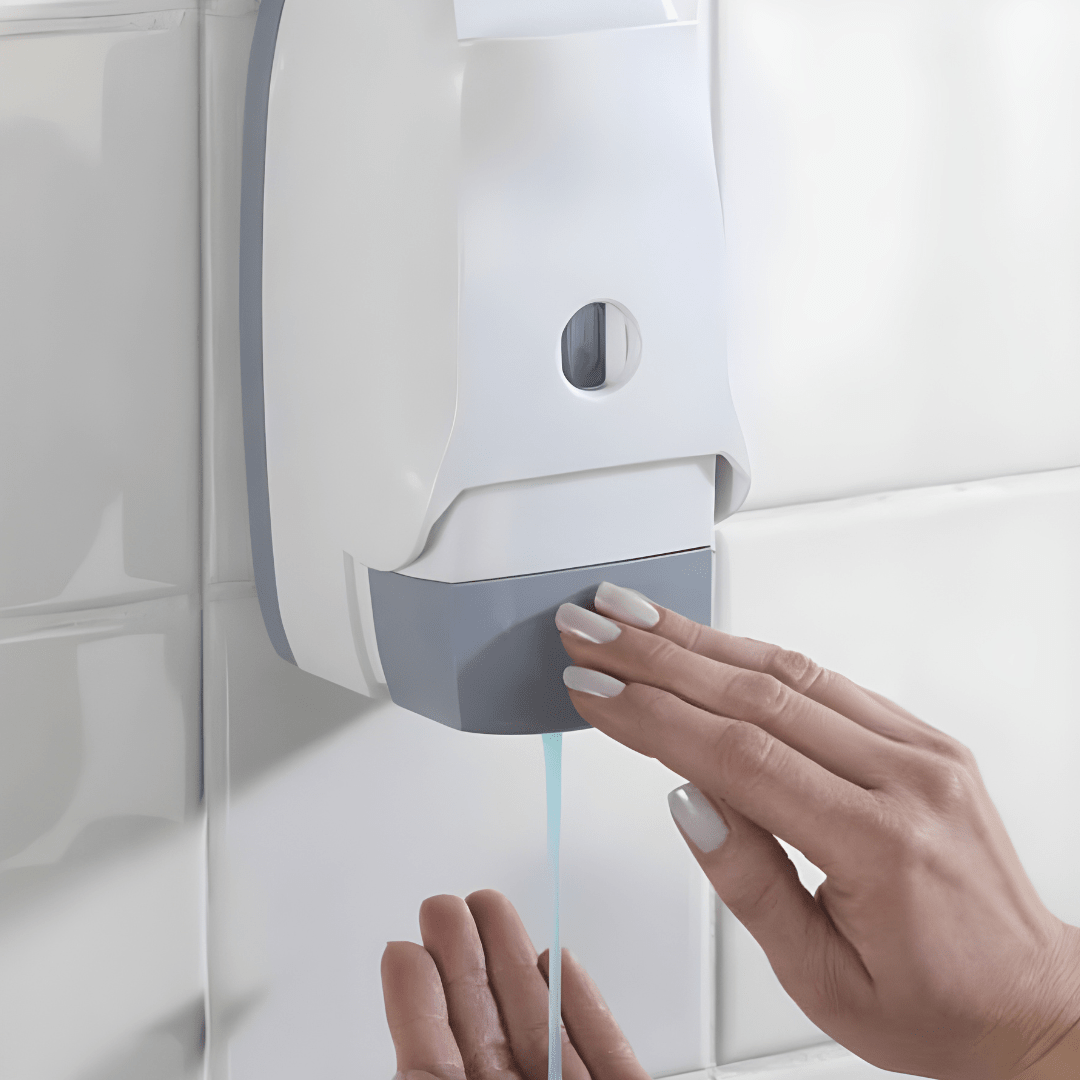 Wenko Ascoli wall-mounted white and grey soap dispenser with elbow lever, 450ml capacity for sanitizer or soap