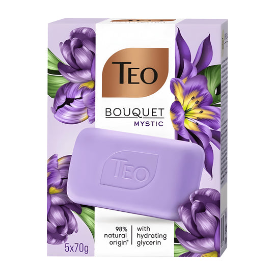 Teo Bouquet Mystic purple bar soaps with vanilla essence and glycerin on a clean white surface with spa towels.