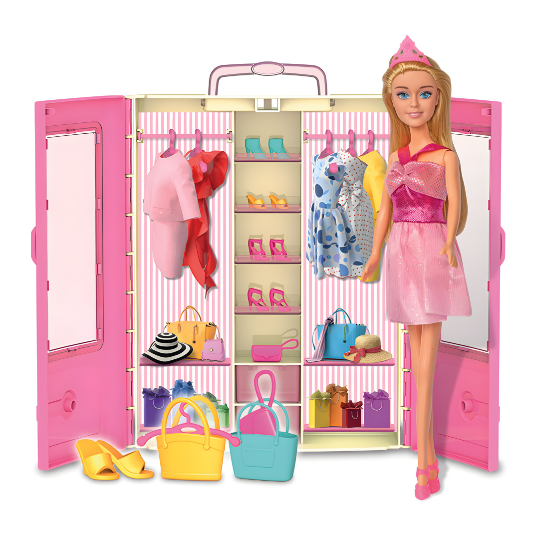 Portable doll wardrobe closet with Linda fashion doll and accessories – 28 piece toy set.
