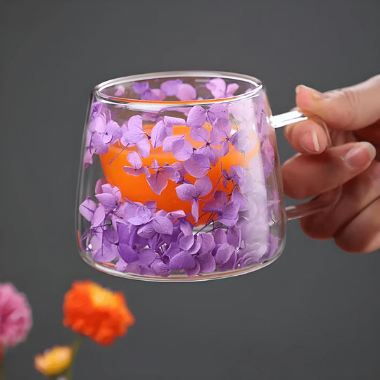 Floral double wall glass mug with dried flowers, available in Beirut Lebanon