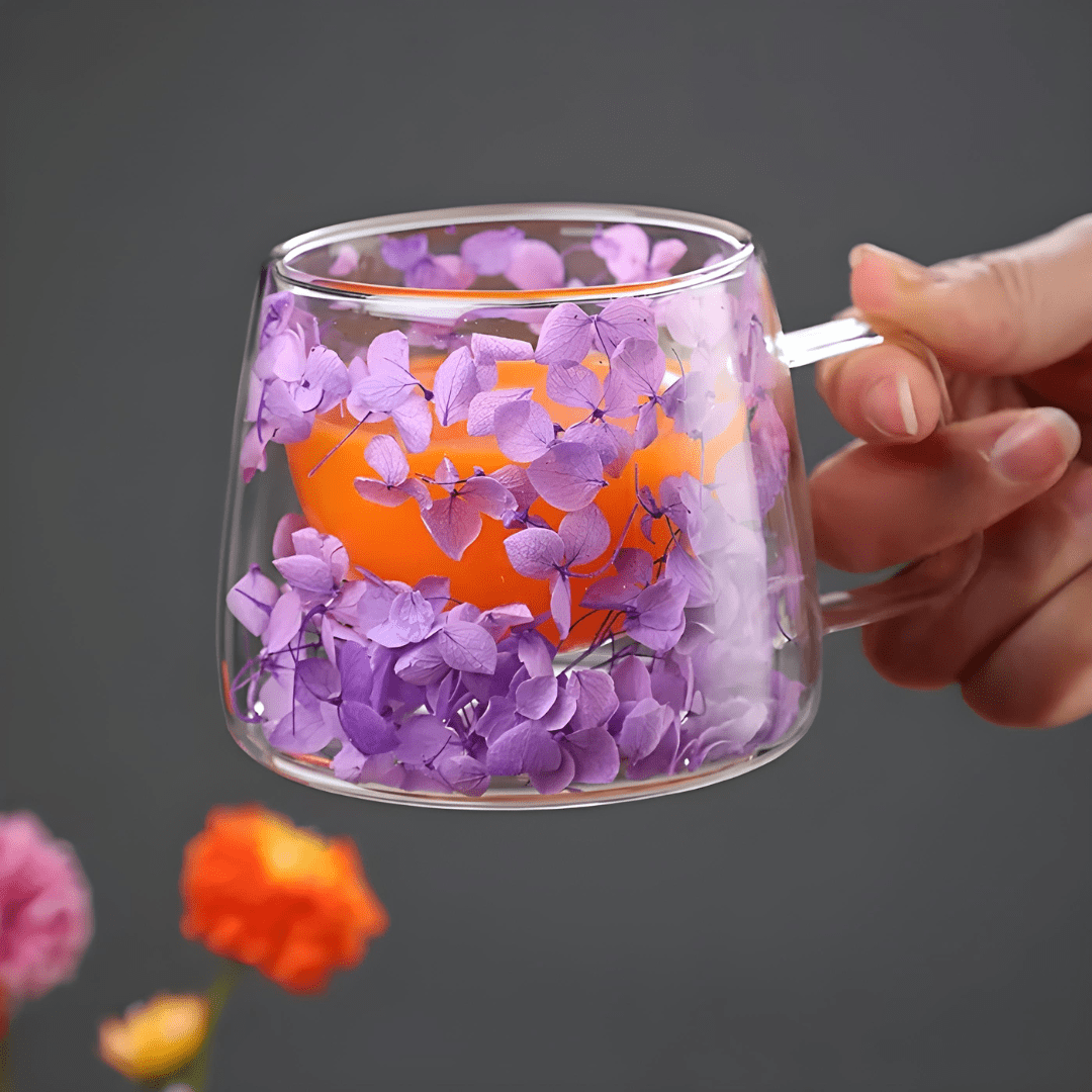 Floral double wall glass mug with dried flowers, available in Beirut Lebanon