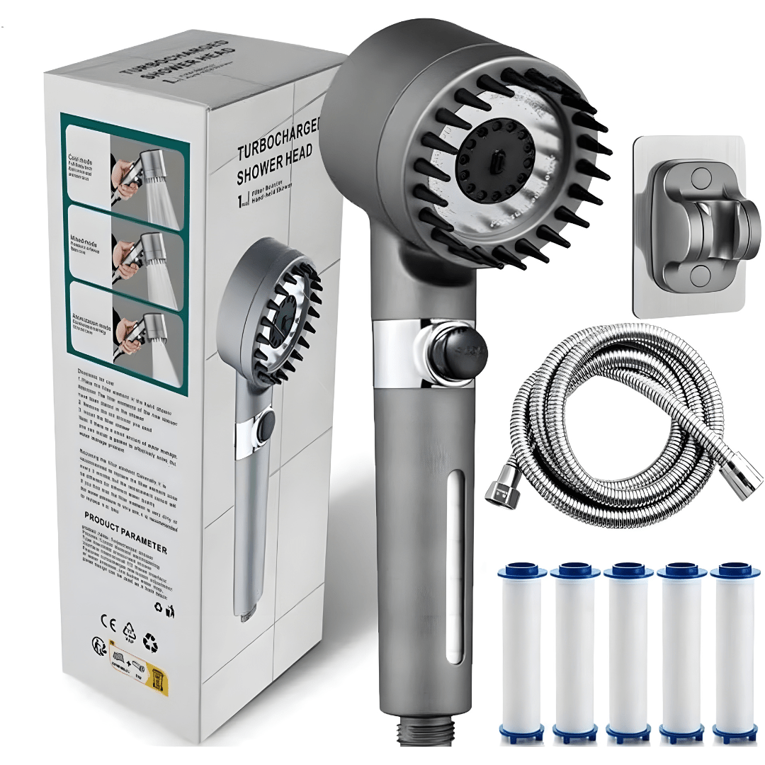 Turbo-charged high-pressure shower head with hose and filters