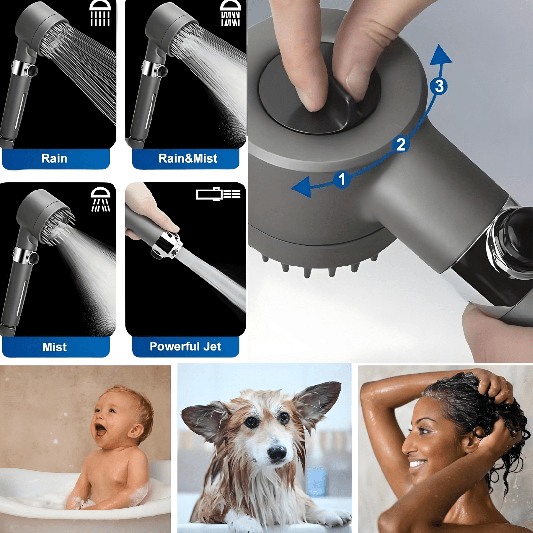Turbo-charged high-pressure shower head with hose and filters