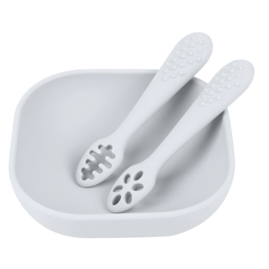 Grey silicone baby bowl with spoons BPA-free