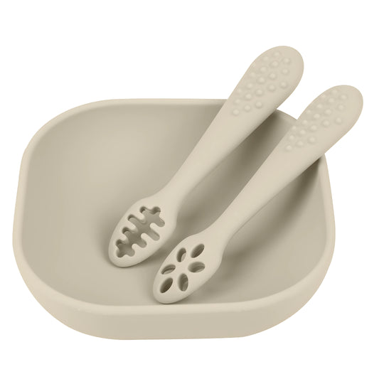 Beige silicone feeding bowl and spoons for babies