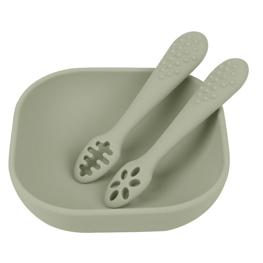 Green silicone baby bowl with two training spoons BPA-free